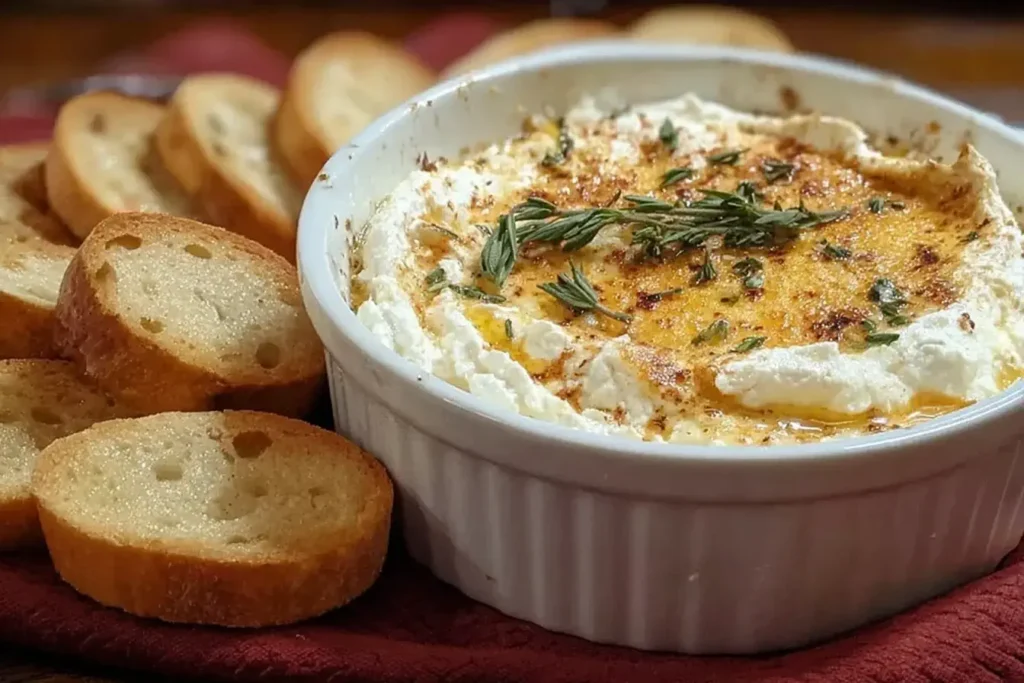 Boursin Dip with Crostini served warm in a white ramekin, topped with herbs and olive oil, surrounded by crispy toasted baguette slices