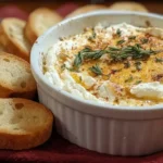 Boursin Dip with Crostini served warm in a white ramekin, topped with herbs and olive oil, surrounded by crispy toasted baguette slices