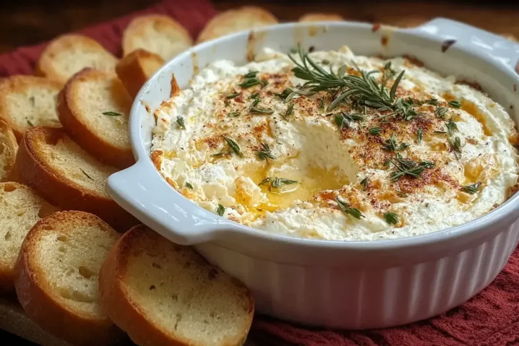 Boursin Dip with Crostini baked until golden and creamy in a white baking dish, garnished with fresh herbs and served with toasted baguette slices