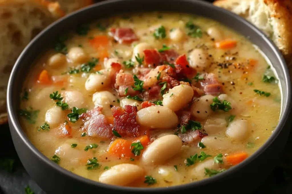 White Bean Soup with Bacon in a bowl topped with crispy bacon, carrots, herbs, and creamy white beans.