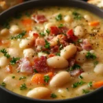 White Bean Soup with Bacon in a bowl topped with crispy bacon, carrots, herbs, and creamy white beans.