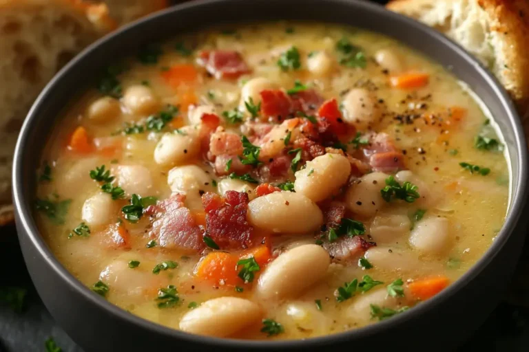 White Bean Soup with Bacon in a bowl topped with crispy bacon, carrots, herbs, and creamy white beans.