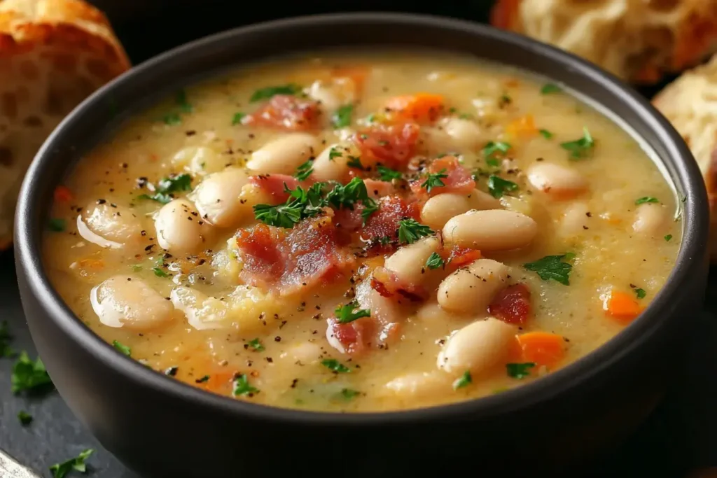 White Bean Soup with Bacon in a bowl, filled with creamy beans, crispy bacon, carrots, and fresh herbs.