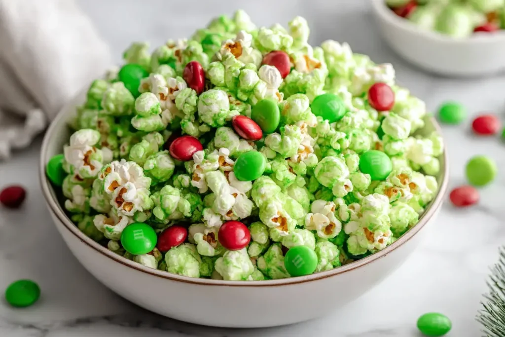 Grinch Popcorn Mix in a white bowl with green candy-coated popcorn, red and green M&Ms, and a festive holiday look perfect for Christmas parties.