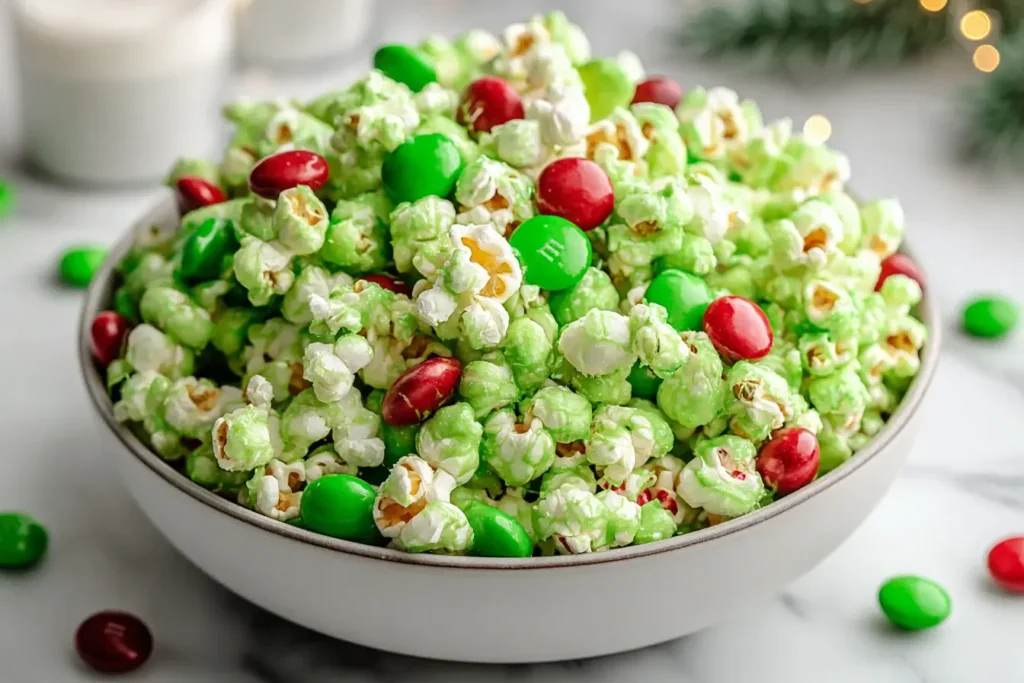 Grinch Popcorn Mix piled high in a white bowl with green candy-coated popcorn and red and green M&Ms, a fun and festive Christmas snack.