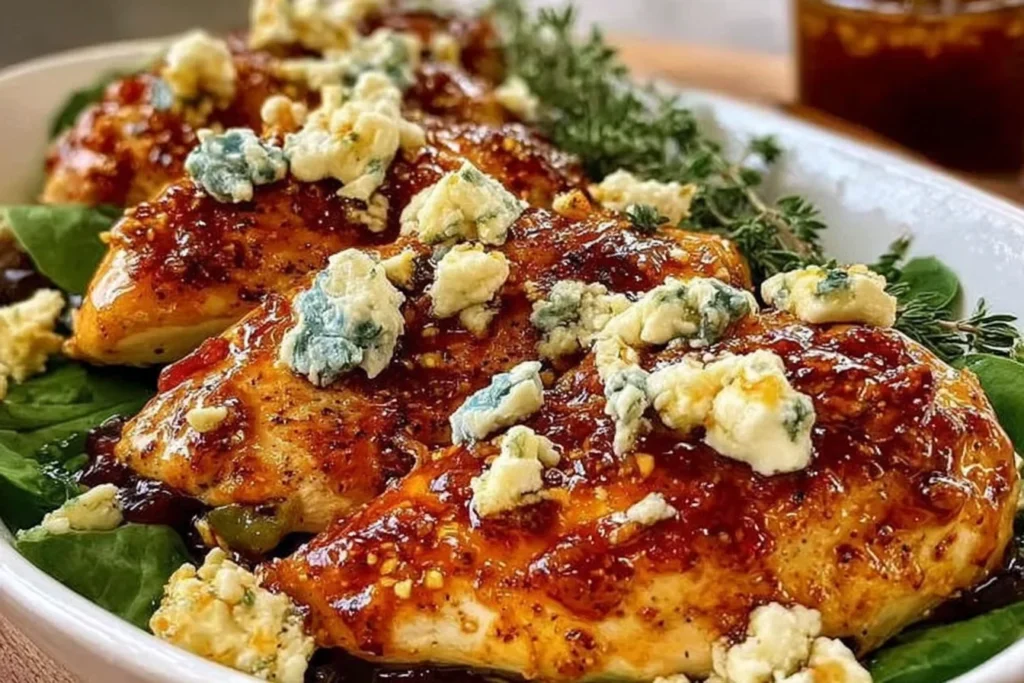 Hot Honey Infused Feta Chicken glazed in sweet-spicy hot honey, topped with crumbled feta and fresh herbs, served over greens.