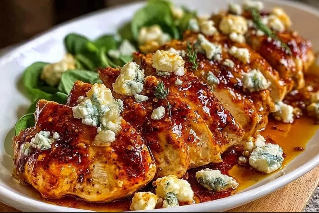 Hot Honey Infused Feta Chicken drizzled with sticky hot honey glaze and topped with crumbled feta and thyme on a serving platter.