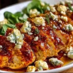 Hot Honey Infused Feta Chicken drizzled with sticky hot honey glaze and topped with crumbled feta and thyme on a serving platter.