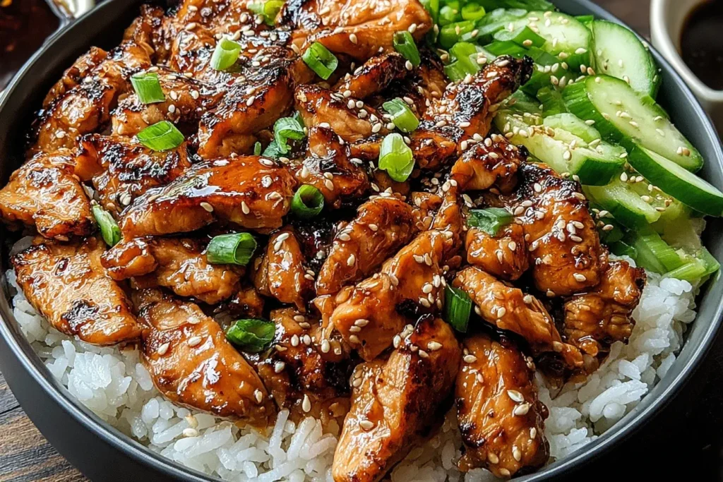 Chicken Bulgogi served over rice with sesame seeds and green onions