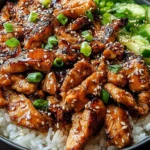 Chicken Bulgogi served over rice with sesame seeds and green onions