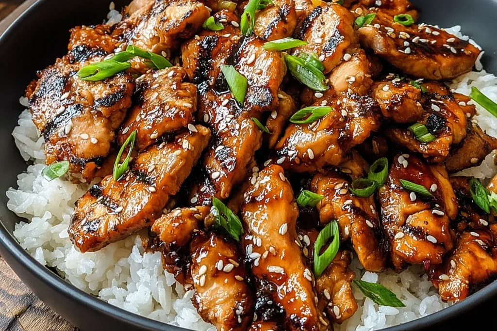 Chicken Bulgogi on steamed rice with sesame seeds and green onions