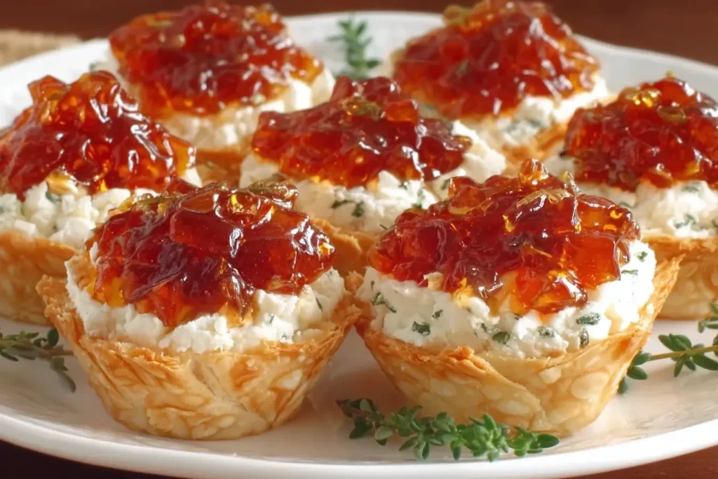 Pepper Jelly Cream Cheese Appetizer Dip and Bites arranged on a white platter, featuring flaky phyllo cups filled with herbed cream cheese and topped with red pepper jelly