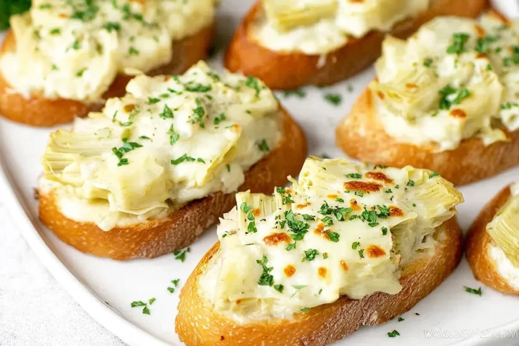 Artichoke Bruschetta with creamy melted cheese and parsley on toasted baguette slices, broiled until golden and bubbly.