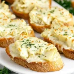 Artichoke Bruschetta on toasted baguette slices with melted cheese and parsley, served warm on a white platter.