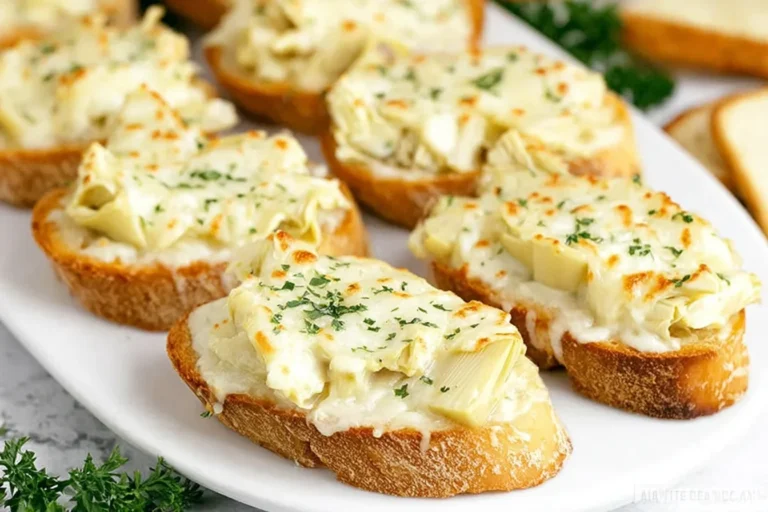 Artichoke Bruschetta on toasted baguette slices with melted cheese and parsley, served warm on a white platter.