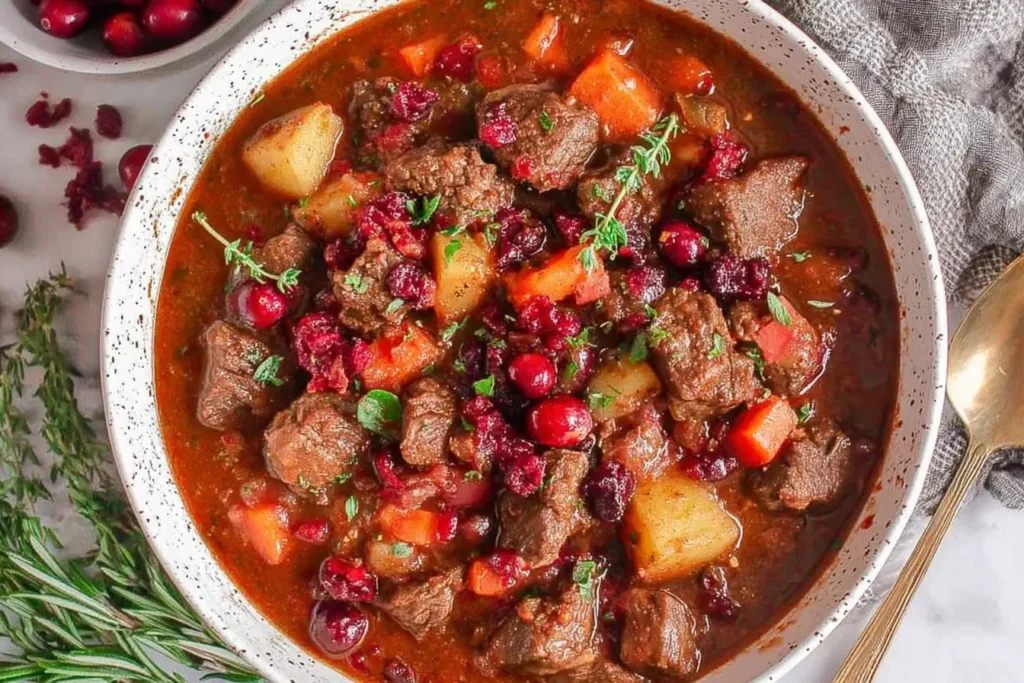 A hearty bowl of Cranberry Apple Beef Stew filled with tender beef, potatoes, carrots, and vibrant cranberries in a rich, comforting broth.