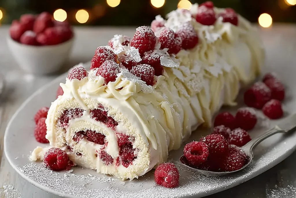 White Chocolate Raspberry Yule Log decorated with fresh raspberries, white chocolate shavings, and a creamy swirl filling on a festive holiday plate.