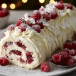 White Chocolate Raspberry Yule Log decorated with fresh raspberries, white chocolate shavings, and a creamy swirl filling on a festive holiday plate.