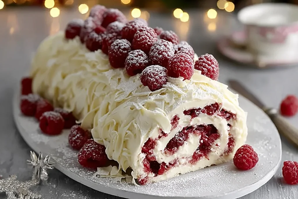 White Chocolate Raspberry Yule Log topped with fresh raspberries and white chocolate shavings, dusted with powdered sugar on a festive holiday platter.