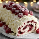 White Chocolate Raspberry Yule Log topped with fresh raspberries and white chocolate shavings, dusted with powdered sugar on a festive holiday platter.
