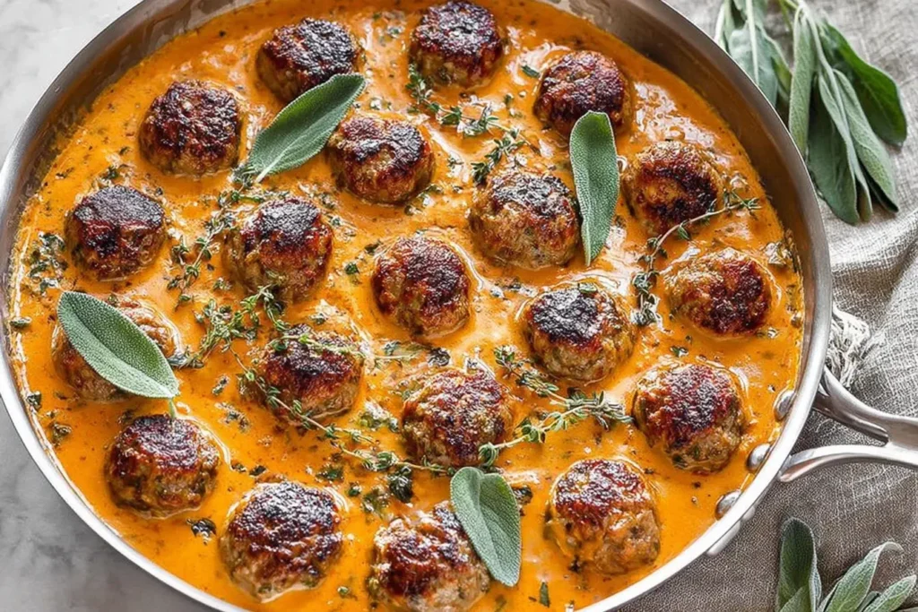 Turkey meatballs in pumpkin sage sauce simmering in a creamy orange skillet with fresh sage and thyme on top