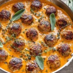 Turkey meatballs in pumpkin sage sauce simmering in a creamy orange skillet with fresh sage and thyme on top