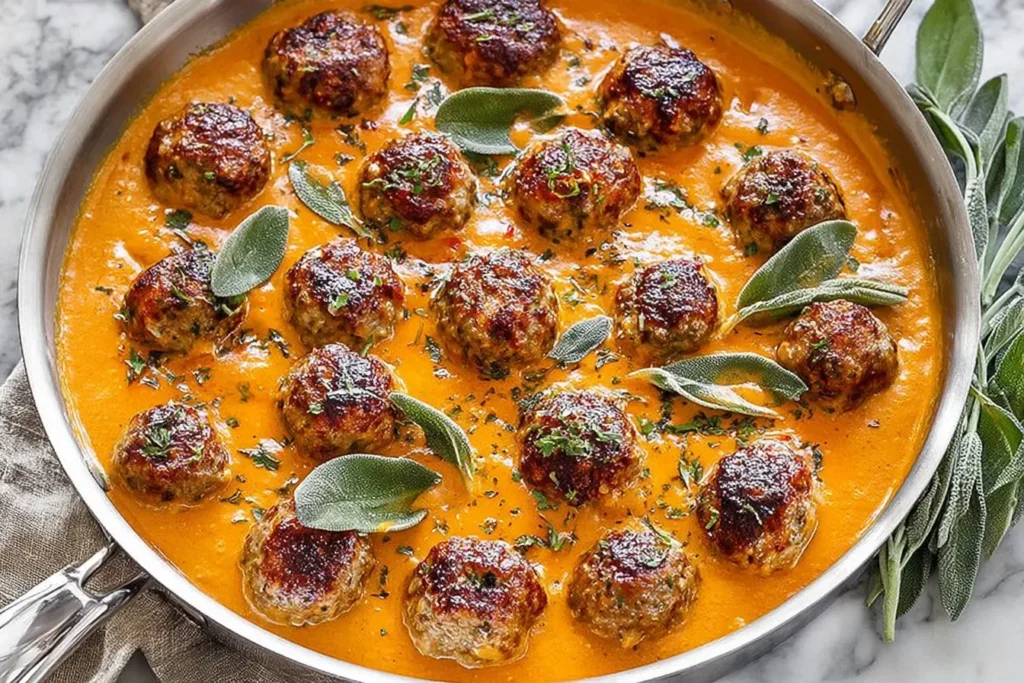 Turkey meatballs in pumpkin sage sauce simmering in a creamy orange pumpkin sauce with fresh sage leaves in a skillet