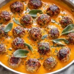 Turkey meatballs in pumpkin sage sauce simmering in a creamy orange pumpkin sauce with fresh sage leaves in a skillet
