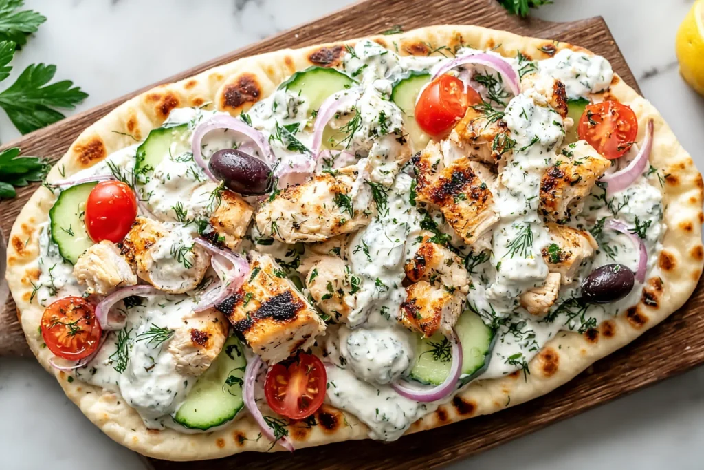 Greek Chicken Flatbread topped with grilled chicken, creamy tzatziki, cucumbers, cherry tomatoes, red onion, kalamata olives, and fresh herbs.