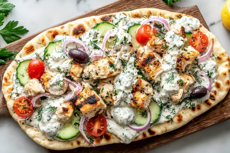 Greek Chicken Flatbread topped with grilled chicken, creamy tzatziki, cucumbers, cherry tomatoes, red onion, kalamata olives, and fresh herbs.