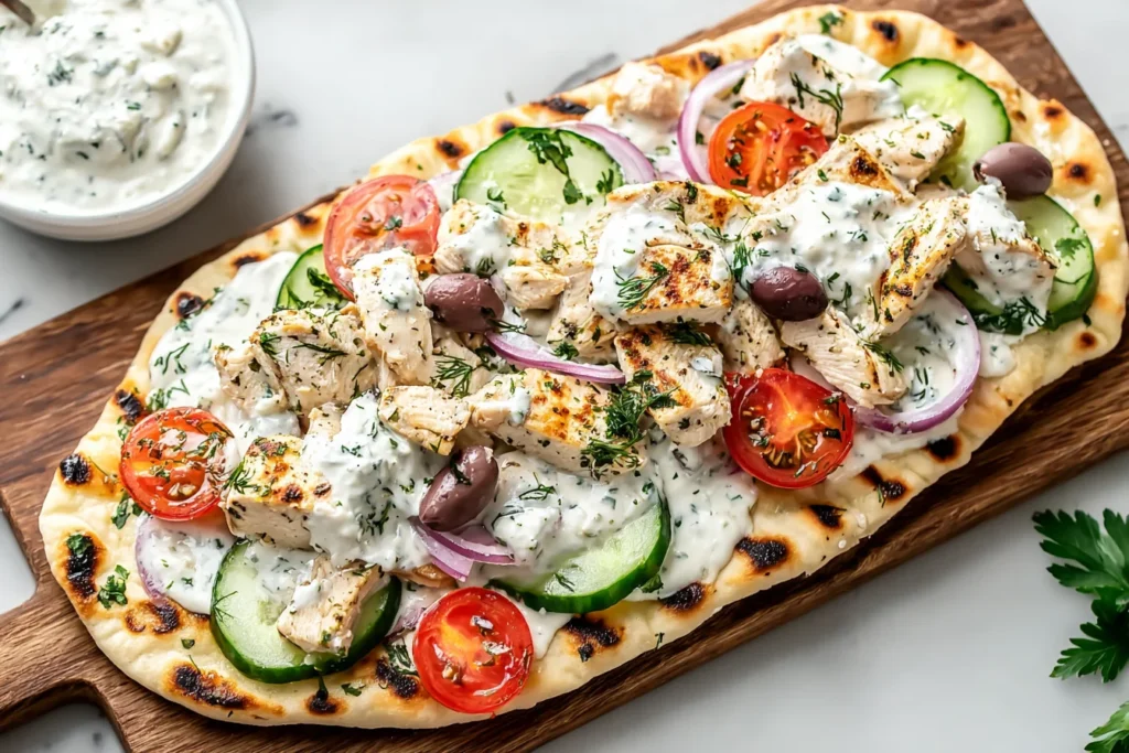 Greek Chicken Flatbread on a wooden board with grilled chicken, tzatziki sauce, cucumber slices, cherry tomatoes, red onion, kalamata olives, and fresh herbs.