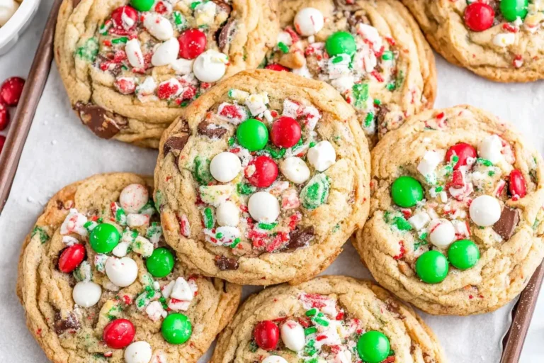 Santa’s Favorite Christmas Cookies loaded with red and green M&M’s, white chocolate chips, crushed peppermint, and melty chocolate chips on a baking tray.