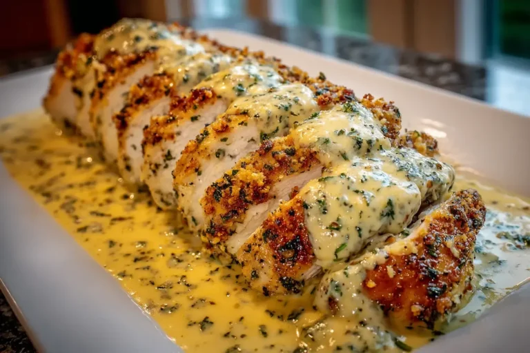 Baked Caesar Chicken with Creamy Parmesan Sauce sliced and served with a rich herb Parmesan cream sauce on a white platter