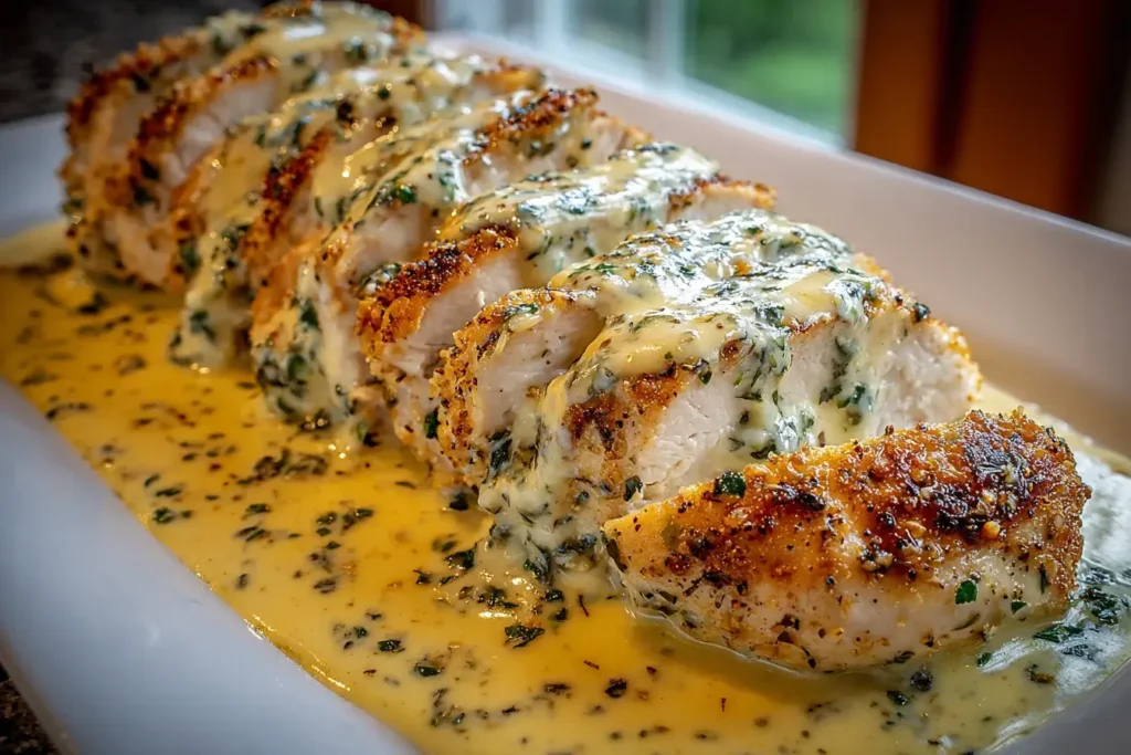 Baked Caesar Chicken with Creamy Parmesan Sauce sliced into juicy portions and smothered in a rich herb Parmesan cream sauce