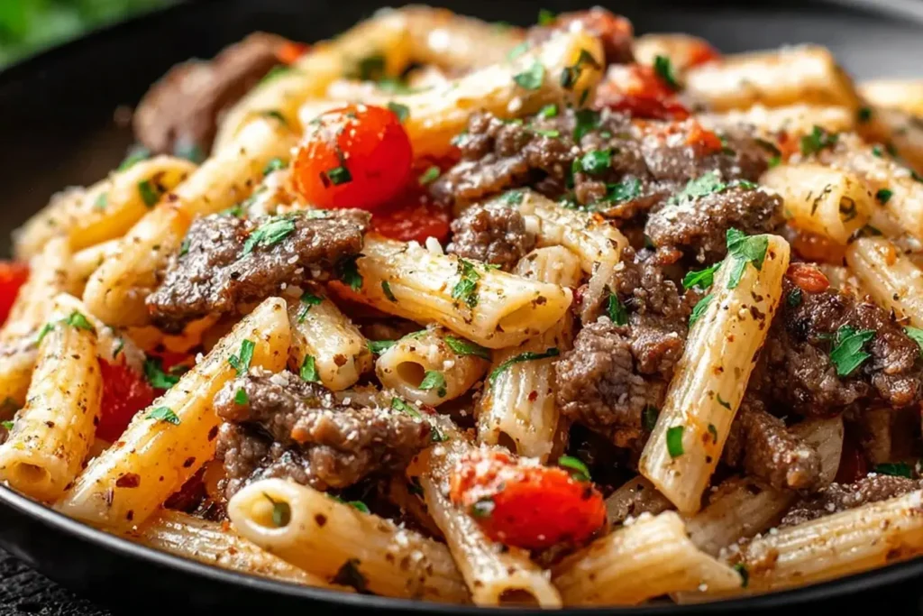 Garlic Beef Pasta with tender beef pieces, rigatoni pasta, cherry tomatoes, herbs, and Parmesan tossed in a savory garlic sauce.