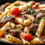 Garlic Beef Pasta with tender beef pieces, rigatoni pasta, cherry tomatoes, herbs, and Parmesan tossed in a savory garlic sauce.