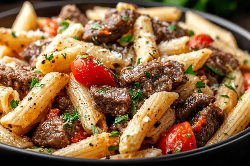 Garlic Beef Pasta with tender beef chunks, rigatoni pasta, cherry tomatoes, and Parmesan cheese in a rich garlic sauce.