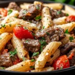 Garlic Beef Pasta with tender beef chunks, rigatoni pasta, cherry tomatoes, and Parmesan cheese in a rich garlic sauce.