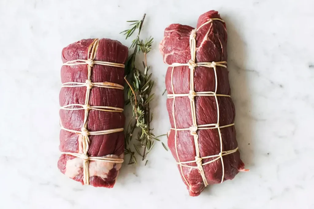 Beef Tenderloin Roast tied with kitchen twine on a marble surface, prepared for roasting with fresh rosemary.