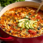 A pot of Chicken Taco Soup simmering with shredded chicken, black beans, corn, tomatoes, and sliced avocado in a rich, spiced broth.