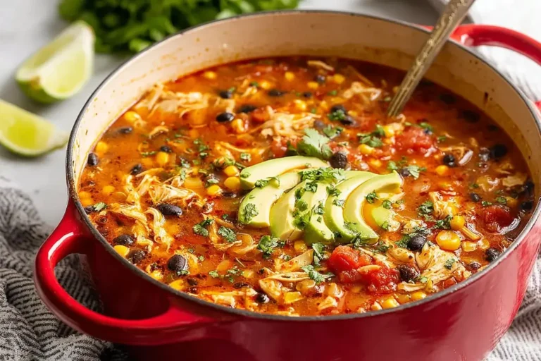A pot of Chicken Taco Soup simmering with shredded chicken, black beans, corn, tomatoes, and sliced avocado in a rich, spiced broth.