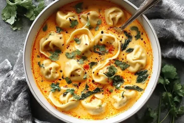 Creamy Thai Coconut Curry Dumpling Soup with tender dumplings in a rich orange coconut curry broth topped with fresh cilantro.