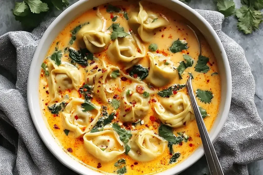 Creamy Thai Coconut Curry Dumpling Soup with tender dumplings in a rich coconut broth topped with cilantro and chili flakes.