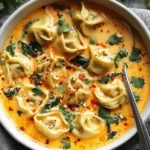 Creamy Thai Coconut Curry Dumpling Soup with tender dumplings in a rich coconut broth topped with cilantro and chili flakes.