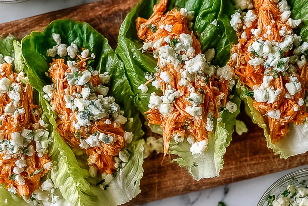 Close-up of Buffalo Chicken Lettuce Wraps with spicy shredded buffalo chicken, crisp lettuce leaves, and crumbled blue cheese on a wooden board