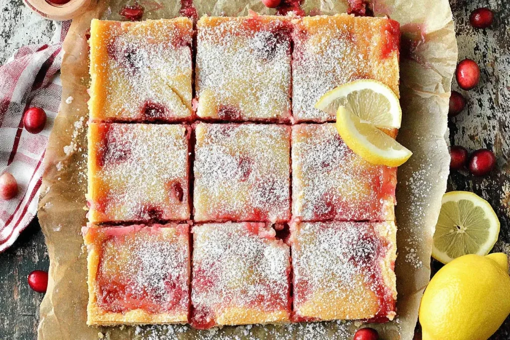 Cranberry Lemon Bars cut into squares, topped with powdered sugar, with fresh cranberries and lemon slices on parchment paper