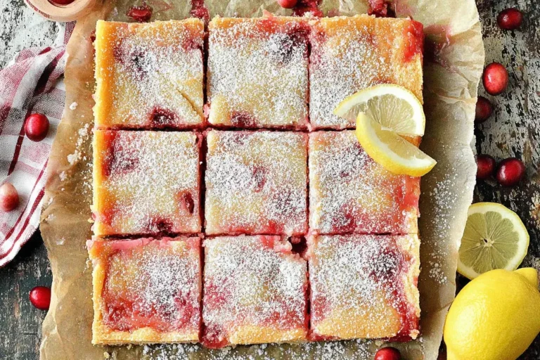 Cranberry Lemon Bars cut into squares, topped with powdered sugar, with fresh cranberries and lemon slices on parchment paper