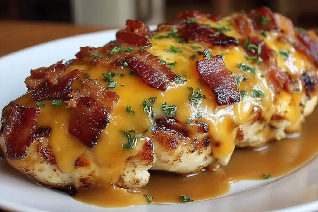 Cowboy BBQ Bacon Cheddar Chicken topped with crispy bacon and melted cheddar sauce on a white plate.