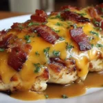 Cowboy BBQ Bacon Cheddar Chicken topped with crispy bacon and melted cheddar sauce on a white plate.