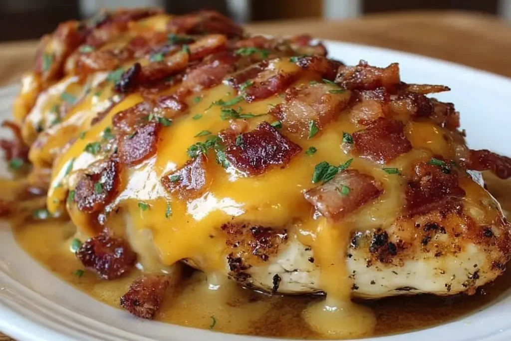 Cowboy BBQ Bacon Cheddar Chicken topped with crispy bacon and melted cheddar sauce on a white plate.